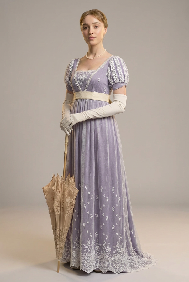 Regency Era Purple Lace Dress Embroidered Empire Waist Ball Gown Plus Size