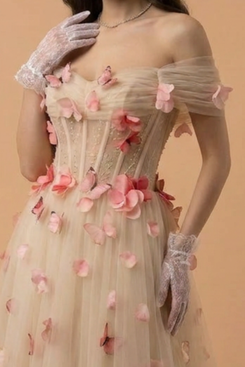Champagne Glitter Tulle Party Dress with Floral Embellishments - Elegant Corset Back Evening Gown Plus Size
