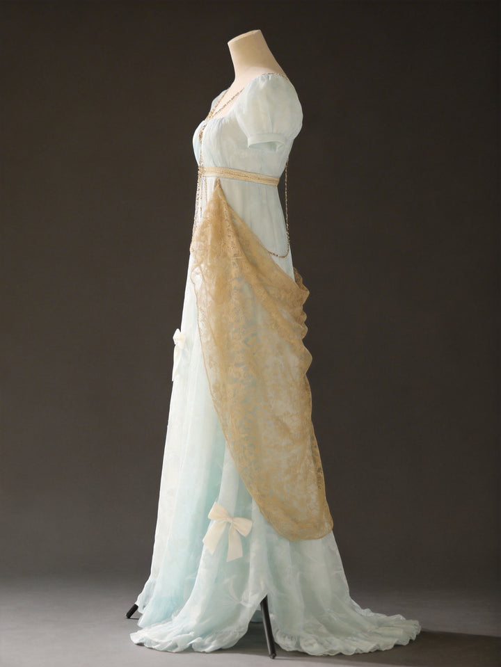 Regency Era Mint Green Empire Waist Chiffon Dress with Puff Sleeves and Gold Chain Detail – Bridgerton Inspired Vintage Gown Plus Size