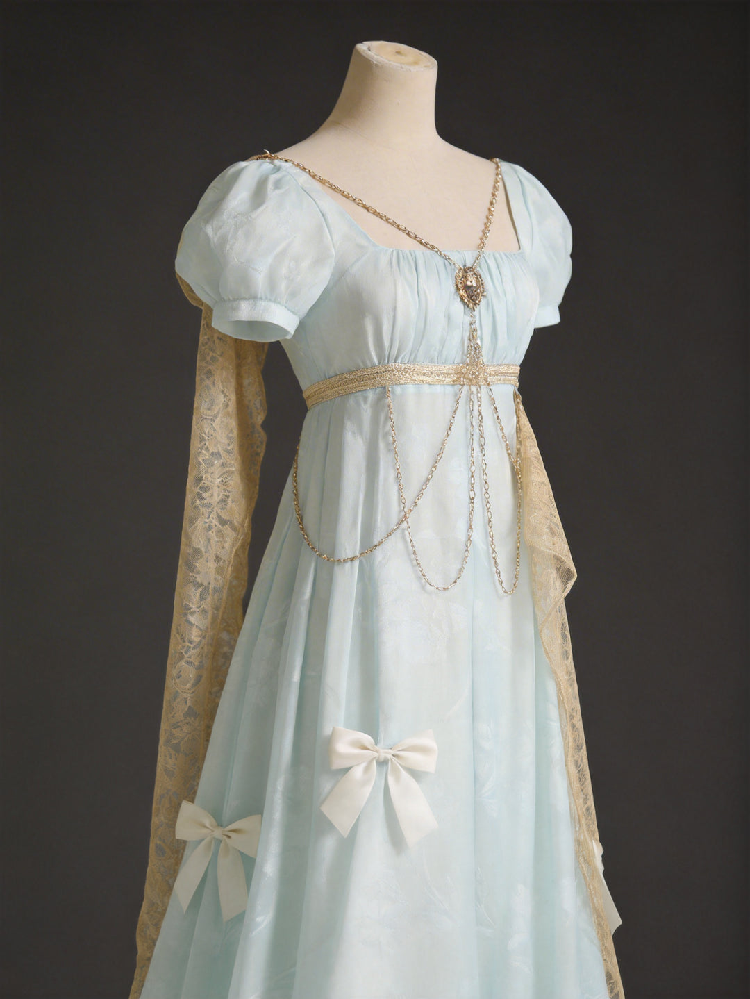 Regency Era Mint Green Empire Waist Chiffon Dress with Puff Sleeves and Gold Chain Detail Bridgerton Inspired Vintage Gown Plus Size Regency Era Mint Green Empire Waist Chiffon Dress with Puff Sleeves and Gold Chain Detail Bridgerton Inspired Vintage Gown Plus Size