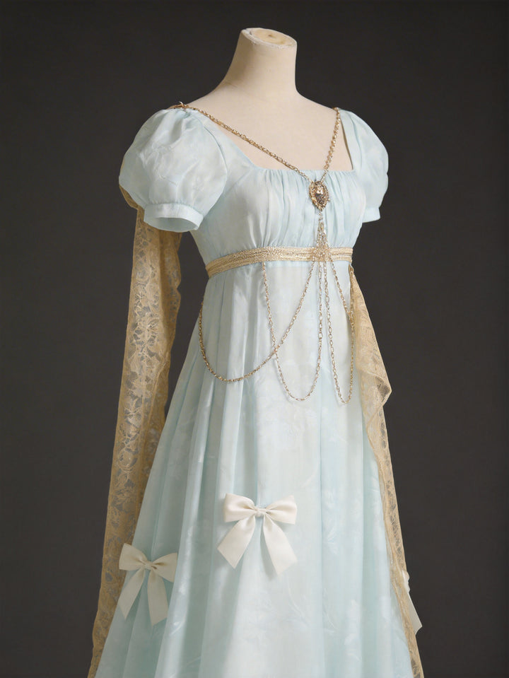 Regency Era Mint Green Empire Waist Chiffon Dress with Puff Sleeves and Gold Chain Detail – Bridgerton Inspired Vintage Gown Plus Size