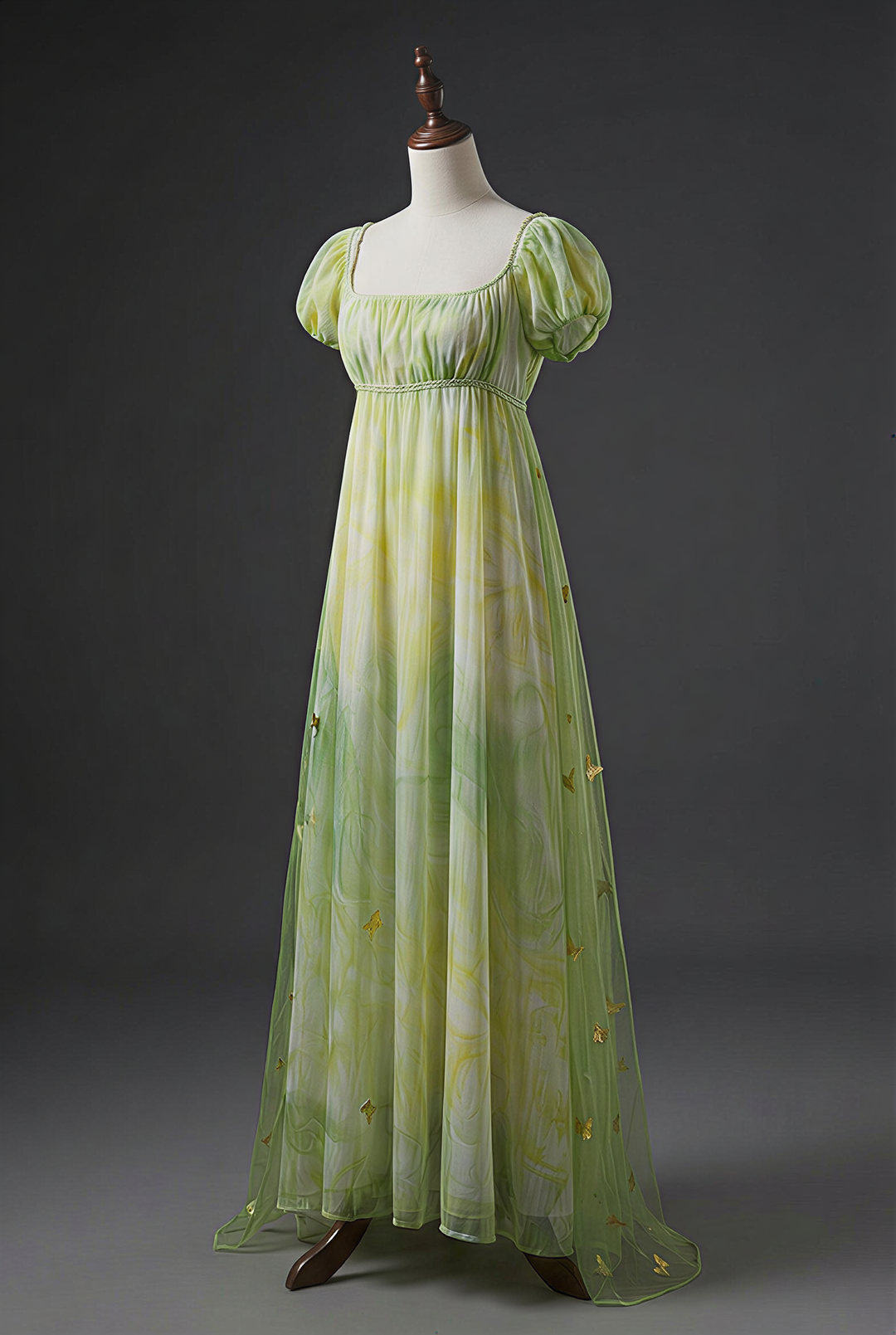 Regency Era Green Butterfly Embroidered Empire Waist Vintage Gown with Puff Sleeves – Bridgerton Inspired Dress Plus Size