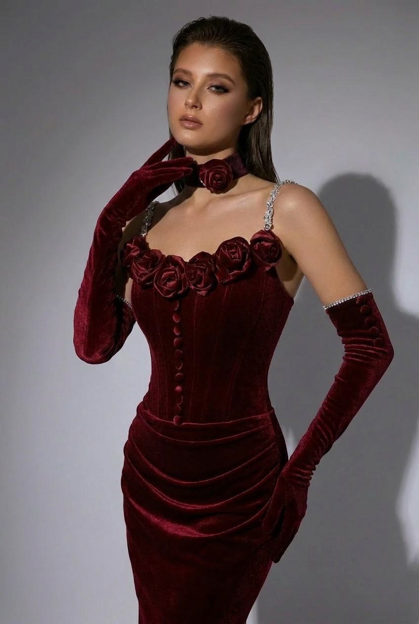 Burgundy Gothic Evening Dress with Floral Appliqué - Elegant Red Evening Gown Plus Size