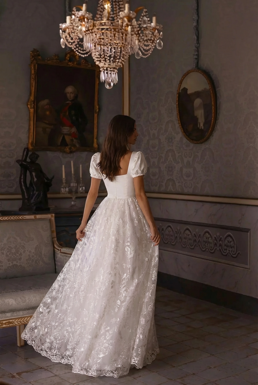 Bridgerton Daphne White Regency Era Dress with Floral Embroidered Train - Custom Regency Gown with Puff Sleeves Plus Size