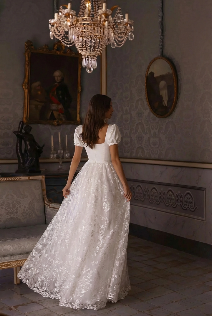 Bridgerton Daphne White Regency Era Dress with Floral Embroidered Train - Custom Regency Gown with Puff Sleeves Plus Size