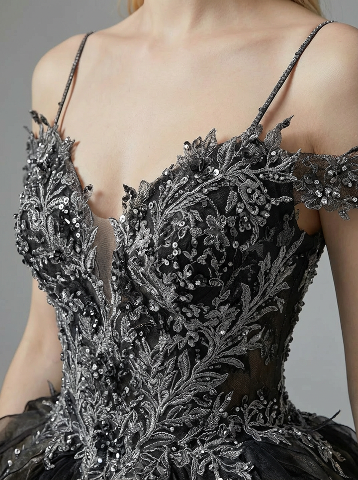 Gothic Black Off-Shoulder Wedding Dress with Embellished Tulle Plus Size