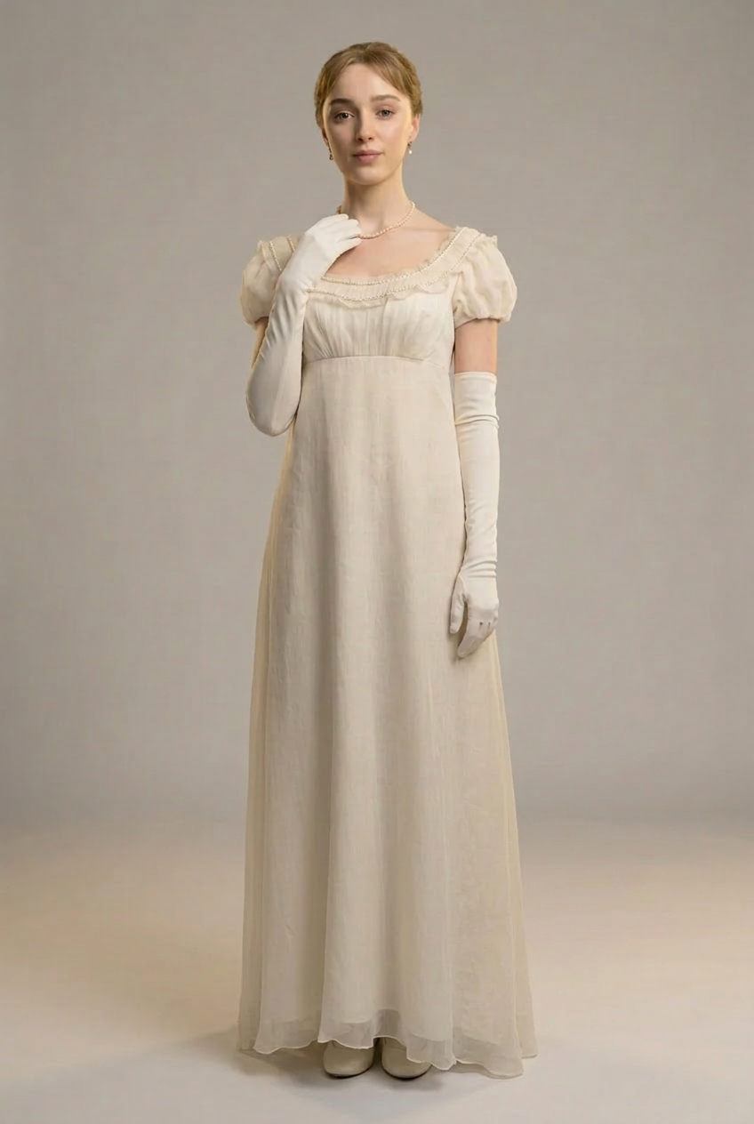 Bridgerton inspired White Regency Era Dress with Chiffon Ruffle - Custom Made Regency Dress with Pearl Plus Size