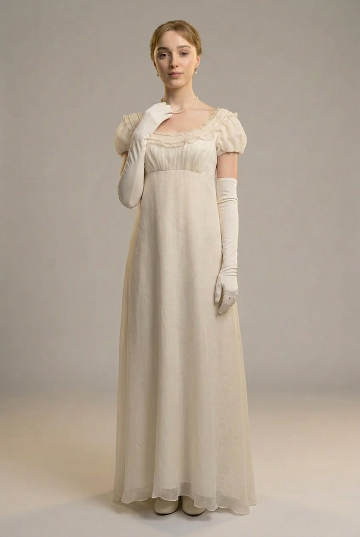 Bridgerton inspired White Regency Era Dress with Chiffon Ruffle - Custom Made Regency Dress with Pearl Plus Size