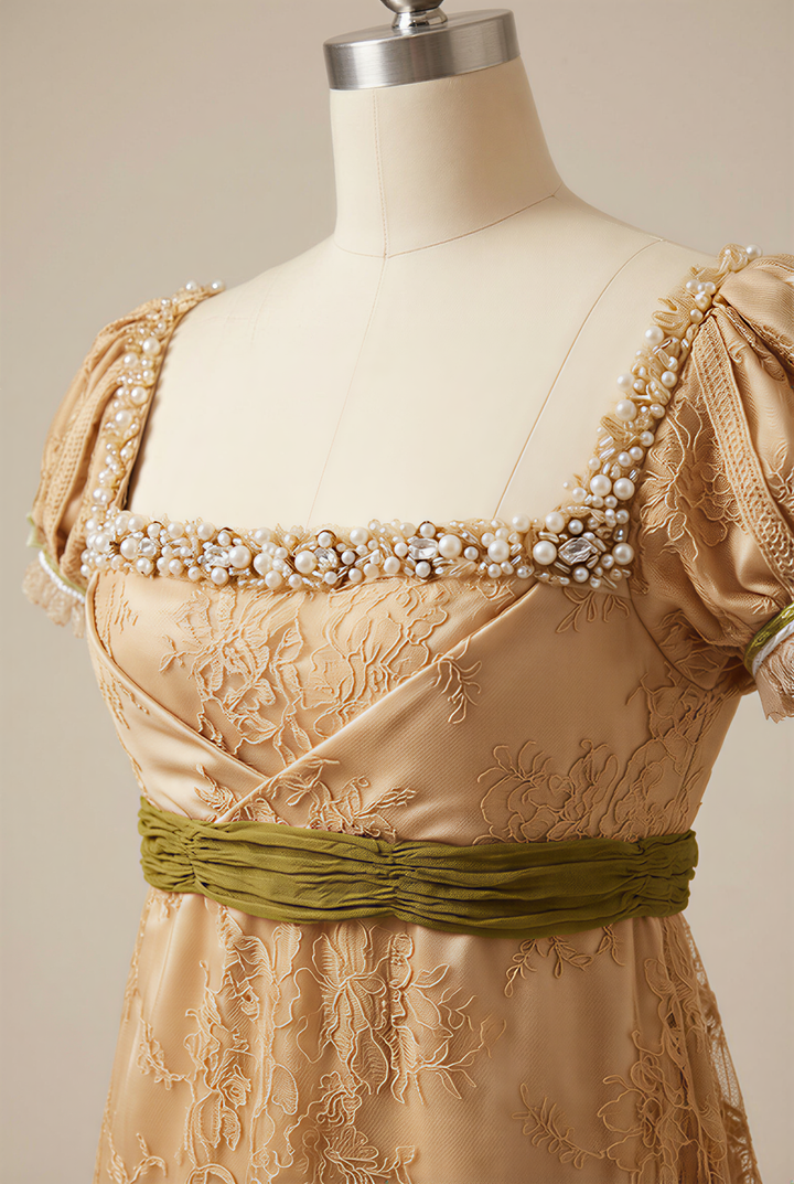 Regency Era Champagne Empire Waist Lace Dress with Puff Sleeves and Beaded Neckline – Vintage Inspired Gown Plus Size