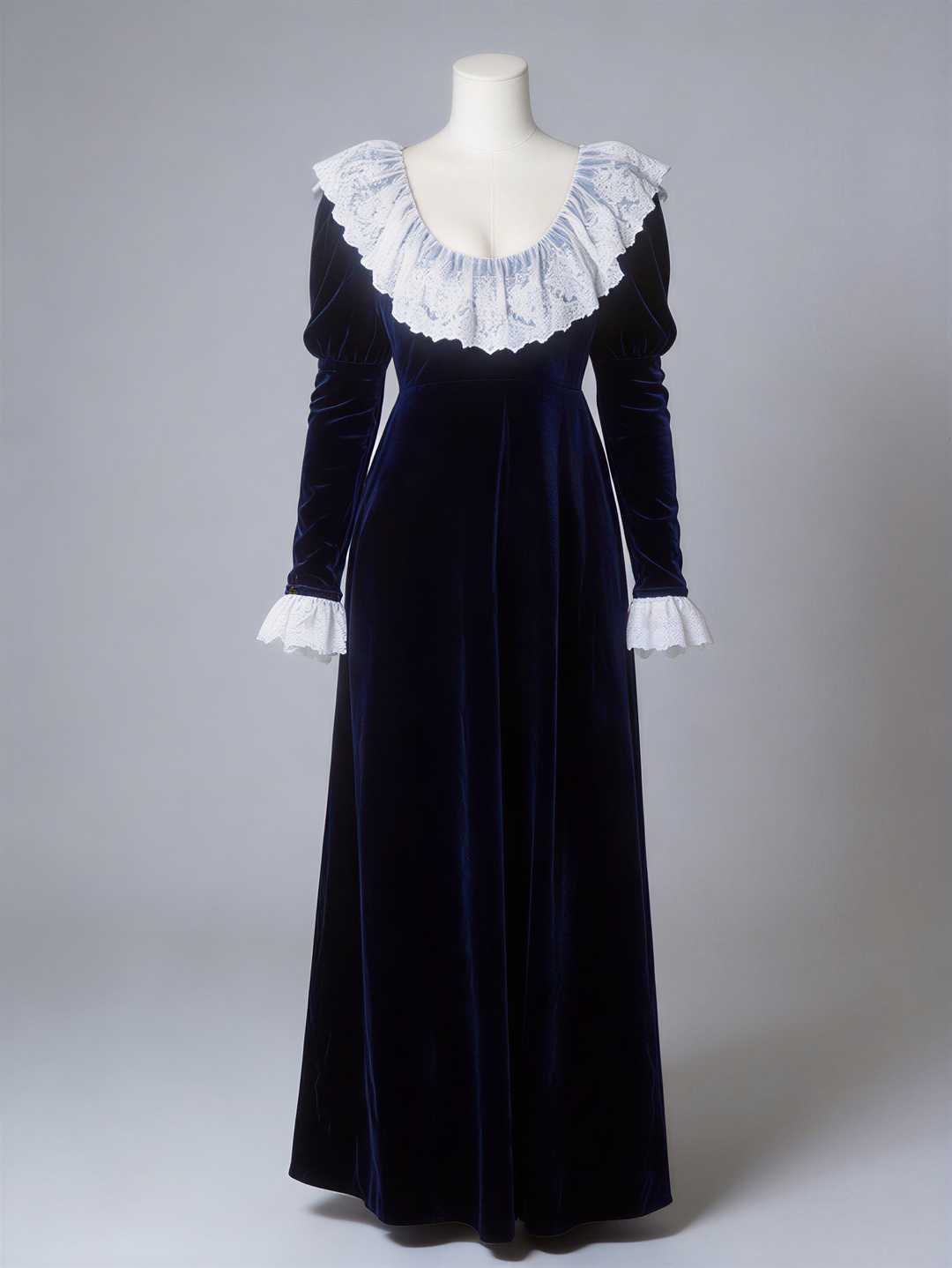 Bridgerton Inspired Regency Era Navy Blue Velvet Empire Waist Dress with Gold Lace Collar and Long Sleeves Plus Size