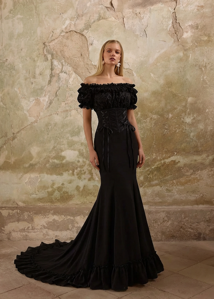 Gothic Lolita Off-Shoulder Black Mermaid Dress with Corset Plus Size