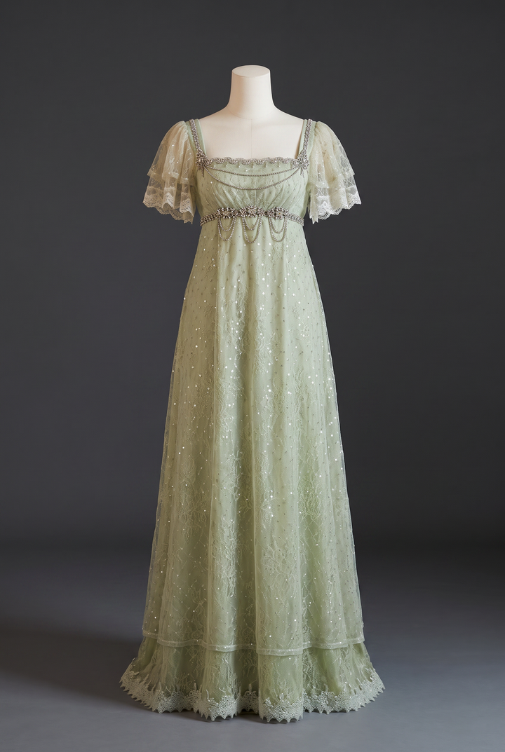 Pale Green Regency Era Embroidered Tulle Empire Waist Dress with Rhinestone Trim and Puff Sleeves Plus Size