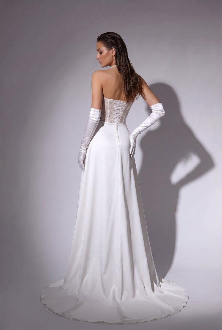 White Evening Dress with Corset Back - White Evening Gown with Lace Bodice and Draped Skirt Plus Size