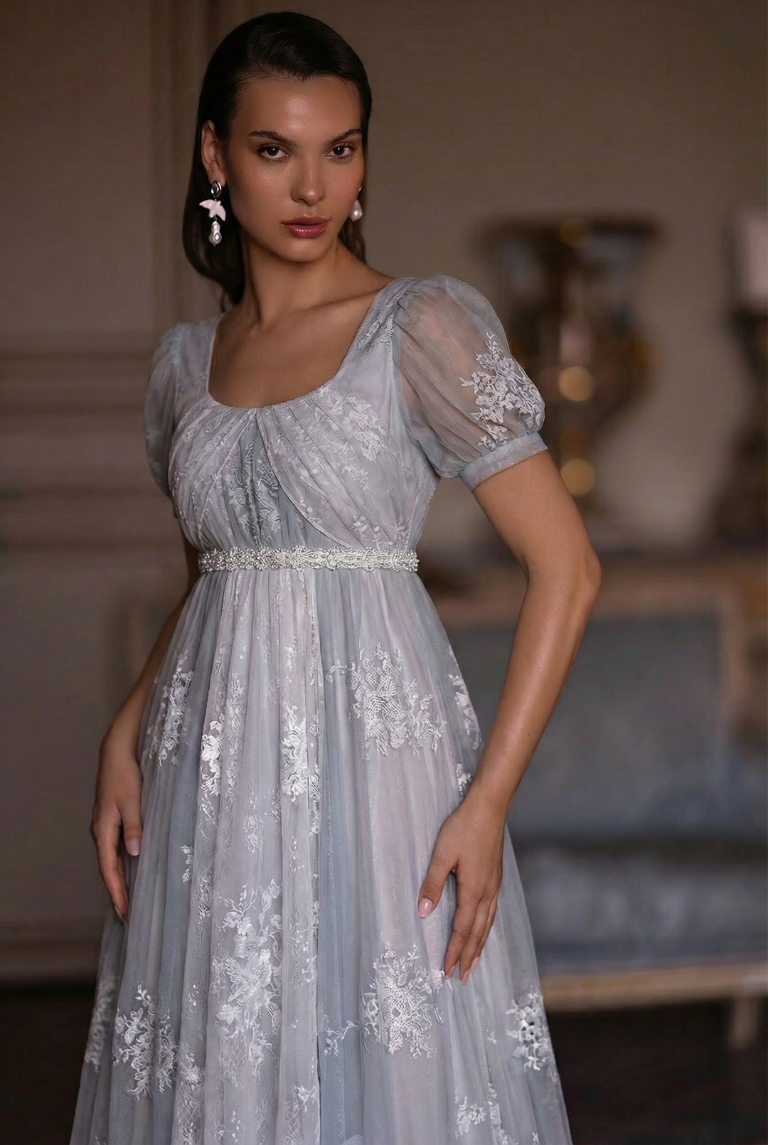 Bridgerton Empire Waist grey ball gown, Regency Era dress with Lace Embroidery,  Jane Austin plus size