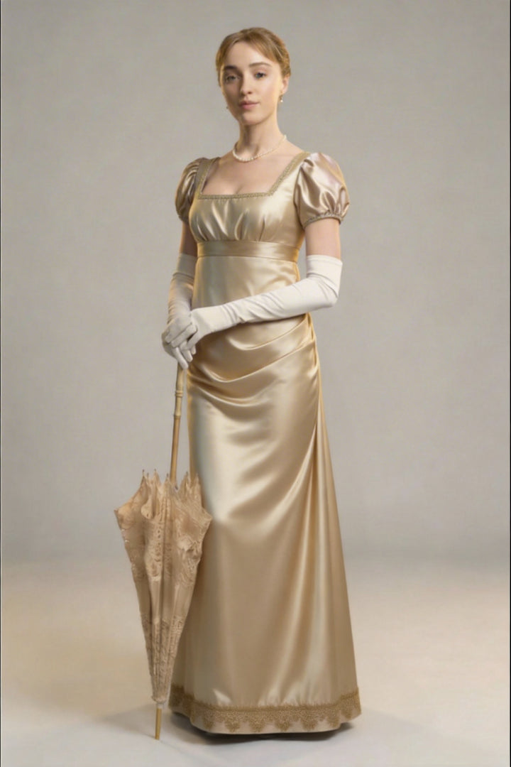 Champagne Bridgerton Inspired Regency Dress Women - Gold Bridgerton Dress and Satin Dress with Bow Tie Belt Plus Size