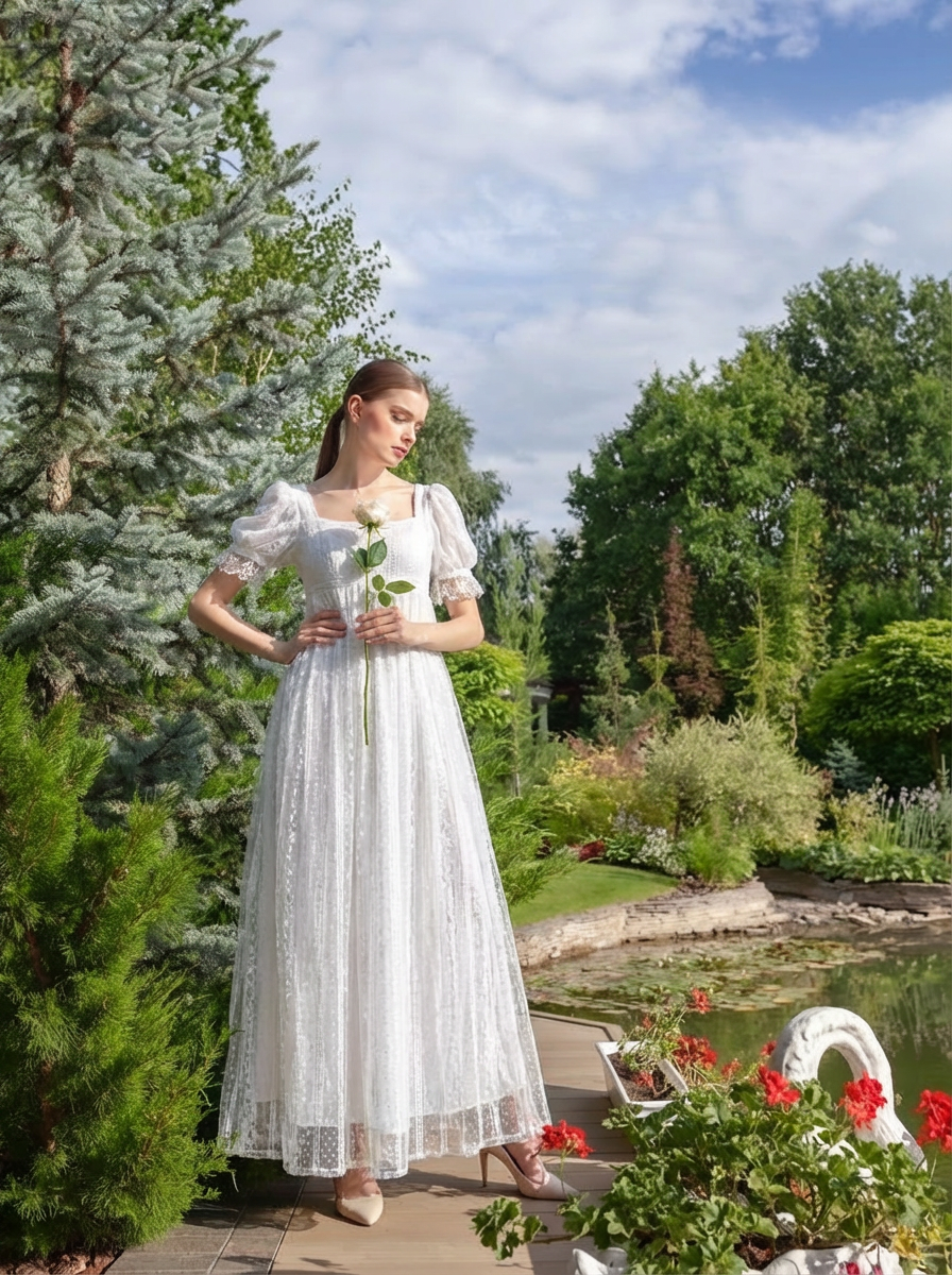 Romantic Regency Era White Lace Wedding Dress - Empire Waist Ball Gown Plus Size US16 / White Romantic Regency Era White Lace Wedding Dress - Empire Waist Ball Gown Plus Size US16 / White