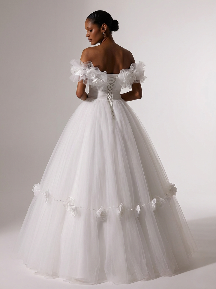 Antique Vintage Victorian Ivory White Tulle Ball Gown Wedding Dress with 3D Floral Embellishments - Plus Size