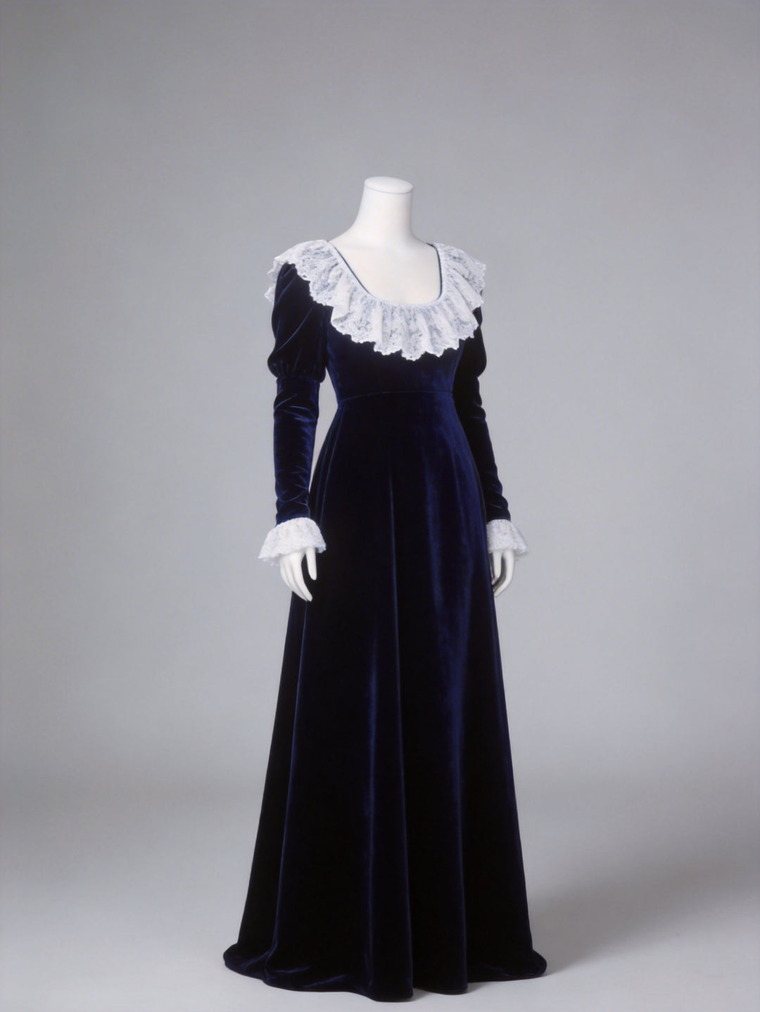 Bridgerton Inspired Regency Era Navy Blue Velvet Empire Waist Dress with Gold Lace Collar and Long Sleeves Plus Size