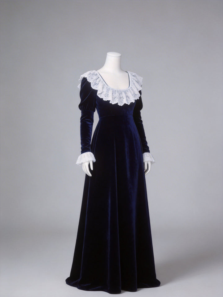 Bridgerton Inspired Regency Era Navy Blue Velvet Empire Waist Dress with Gold Lace Collar and Long Sleeves Plus Size