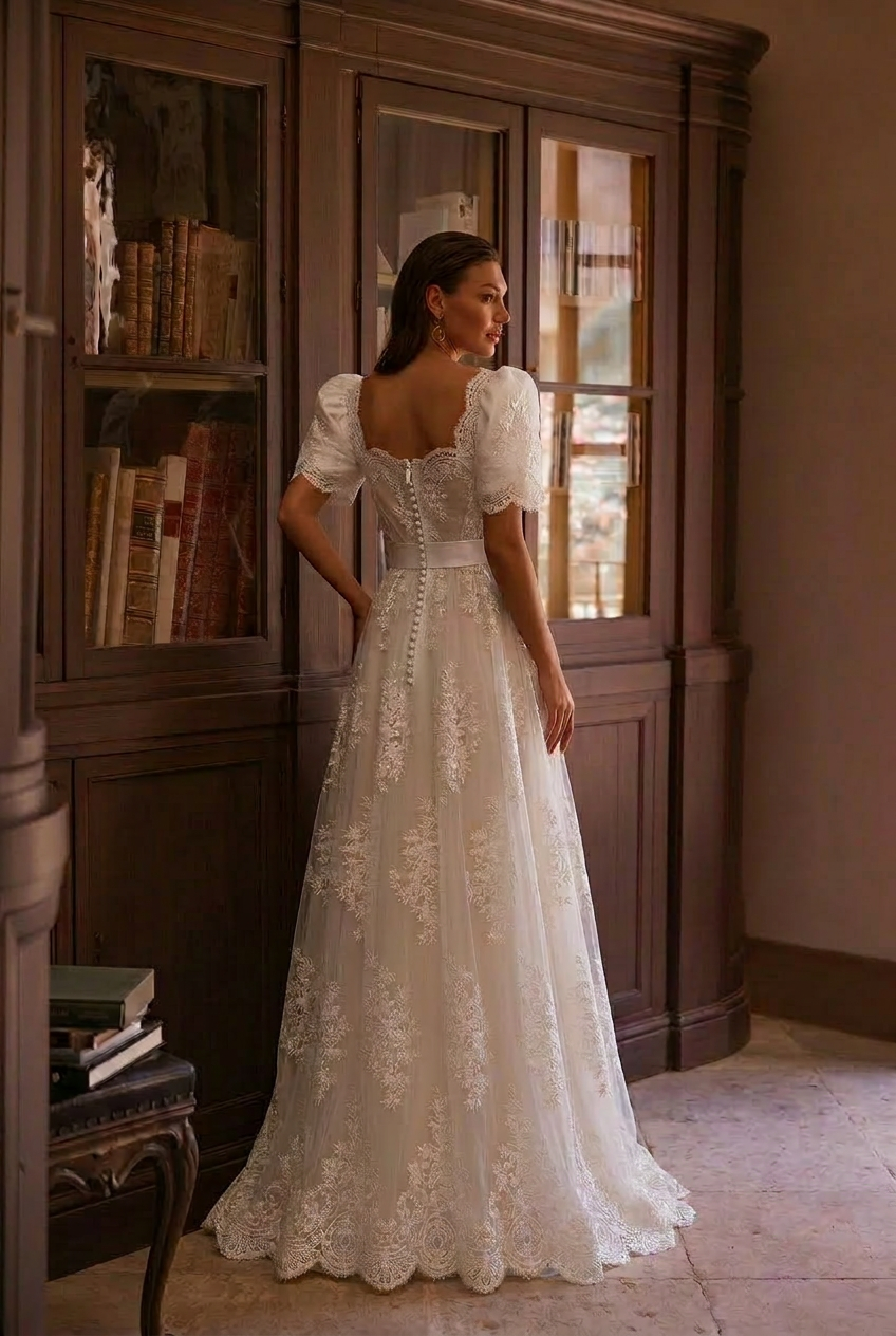 Bridgerton Daphne White Bridal Dress With Lace - Regency Era Ball Gown Plus Size