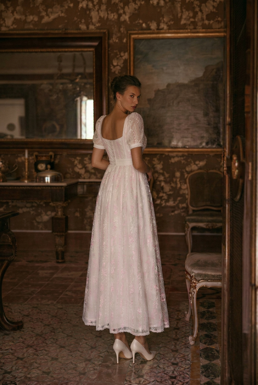 Bridgerton Inspired Embroidered Romantic Regency Era Cotton Lace Dress With Empire Waist - Plus Size