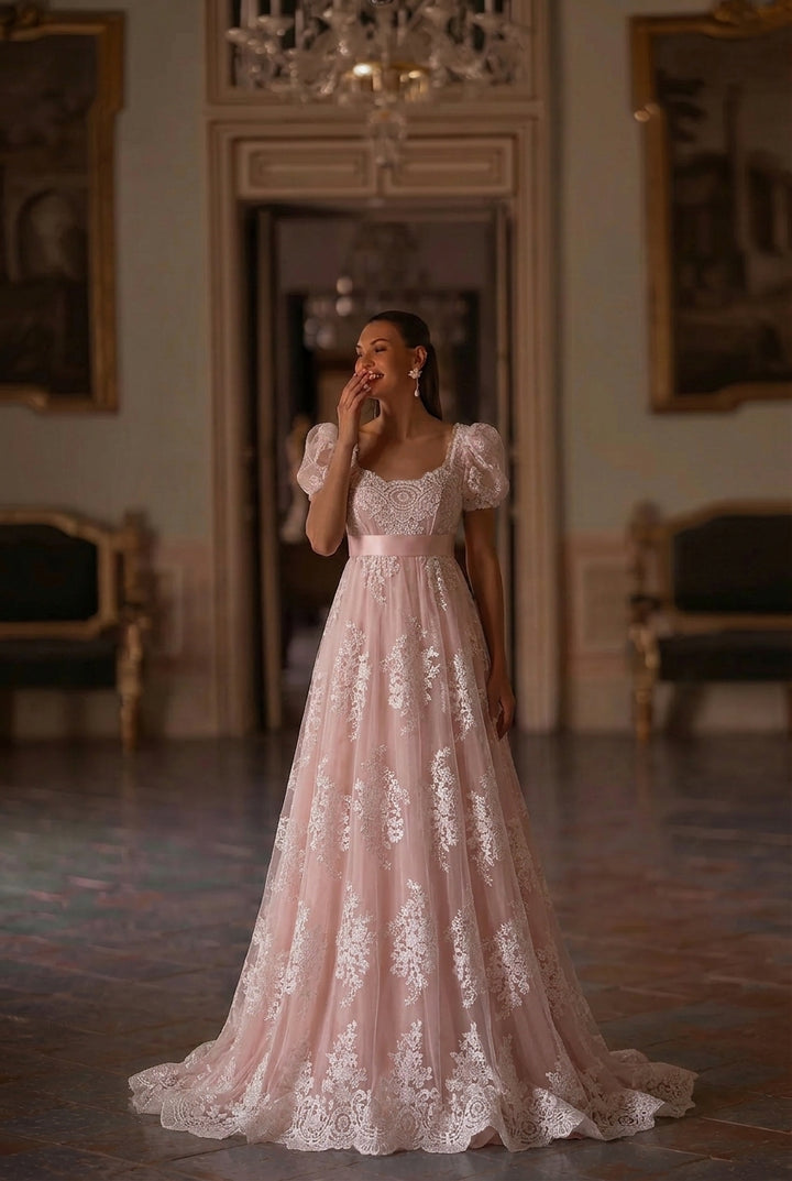 Bridgerton Style Blush Pink Pink Lace Regency Era Ball Gown Wedding Dress Plus Size