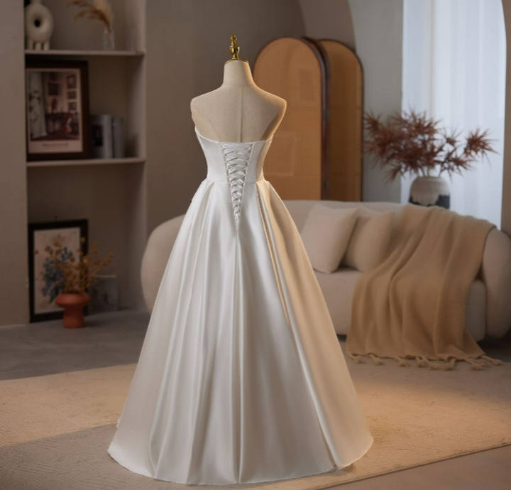 Simple Satin Strapless Wedding Dress – Classic Wedding Dress - A-Line Satin Wedding Gown Plus Size