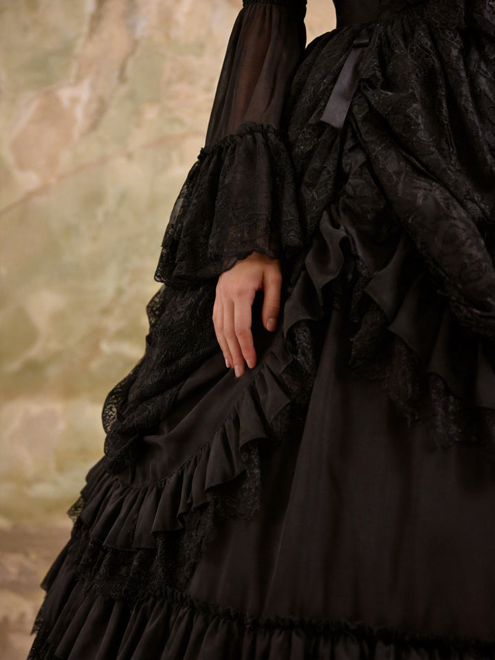 Black Gothic Lolita Ball Gown - Victorian-Inspired Layered Tulle Ruffle Dress Plus Size