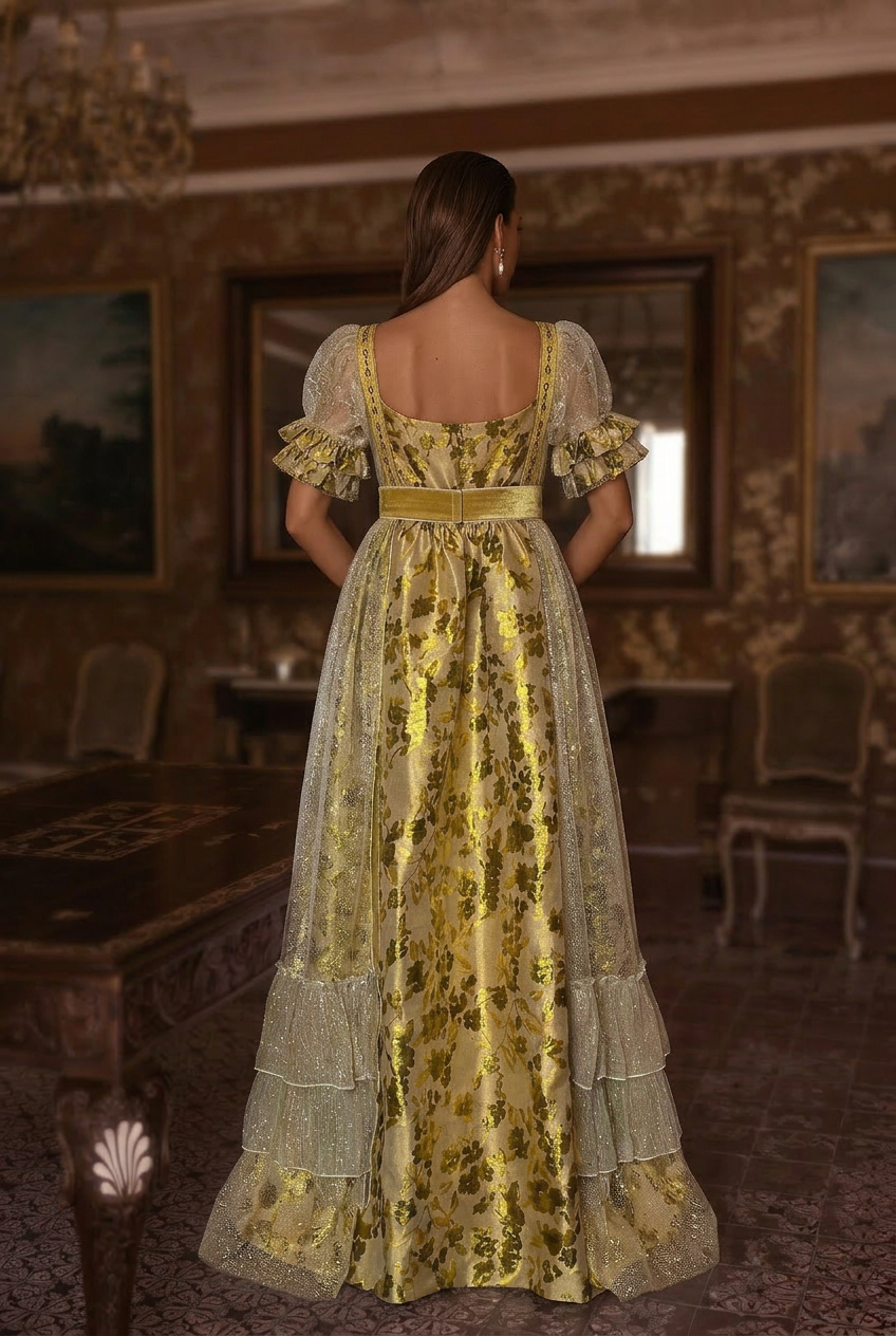 Bridgerton Inspired Gold Printed Regency Era Ball Gown - Regency Era p WonderlandByLilian Bridgerton Inspired Gold Printed Regency Era Ball Gown - Regency Era p WonderlandByLilian