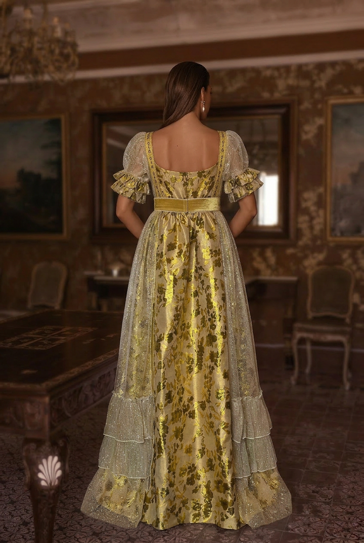 Bridgerton Inspired Gold Printed Regency Era Ball Gown -  Regency Era prom dress costume Custom Made  - plus size