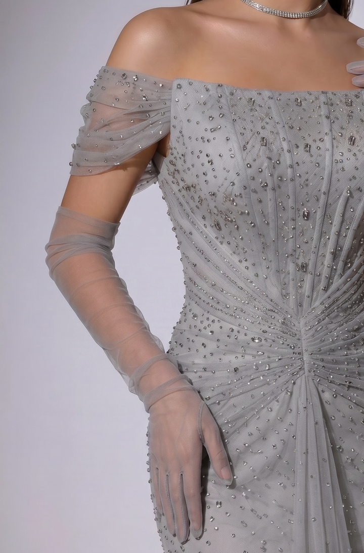 Silver Sequin Evening Gown with Off-Shoulder Sleeves - Elegant Sequined Dress with Draped Skirt Plus Size