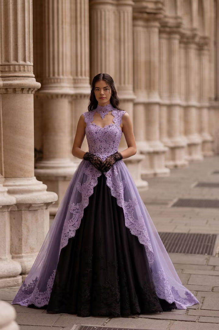 Gothic Purple And Black Wedding Dress With Lace Embroidery A-line Black Ball Gown  Plus Size