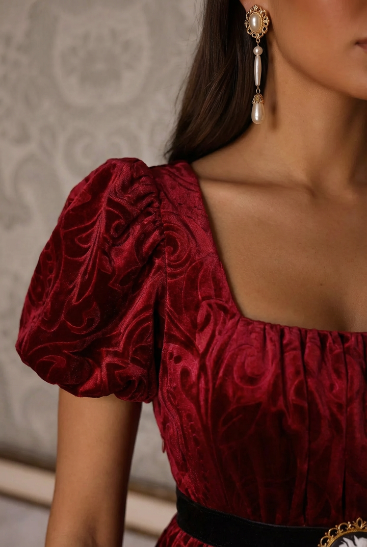 Bridgerton Inspired Regency Era Ruby Red Velvet Jacquard Ball Gown - Regency Era Dress Plus Size