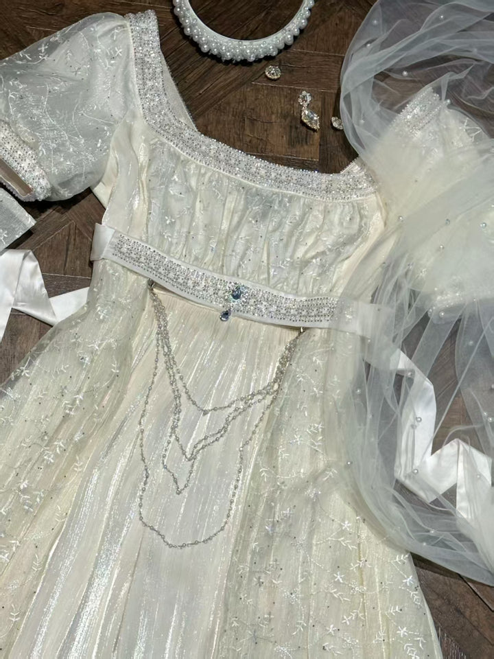 Regency Era White Pearl Tulle Empire Waist Wedding Dress – Bridgerton Inspired Sheer Sleeve Bridal Dress Plus Size