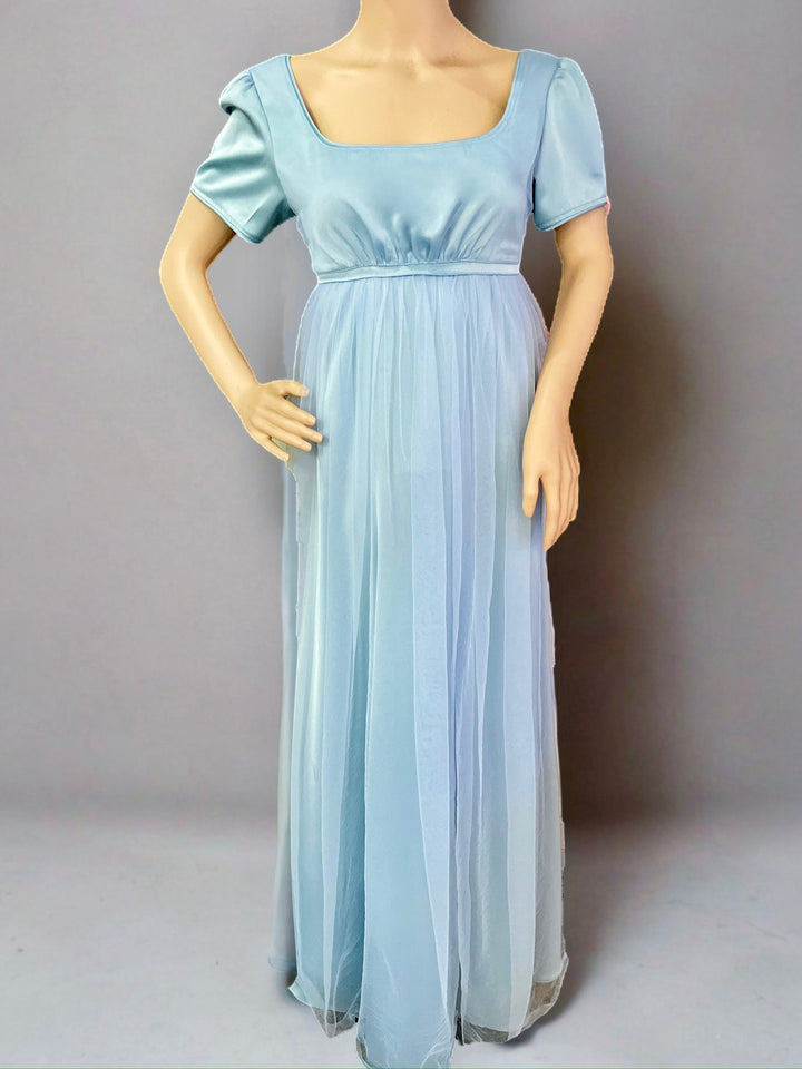 Bridgerton Daphne Blue Dress with Gauze - Regency Era Blue Satin Wedding Dress Plus Size