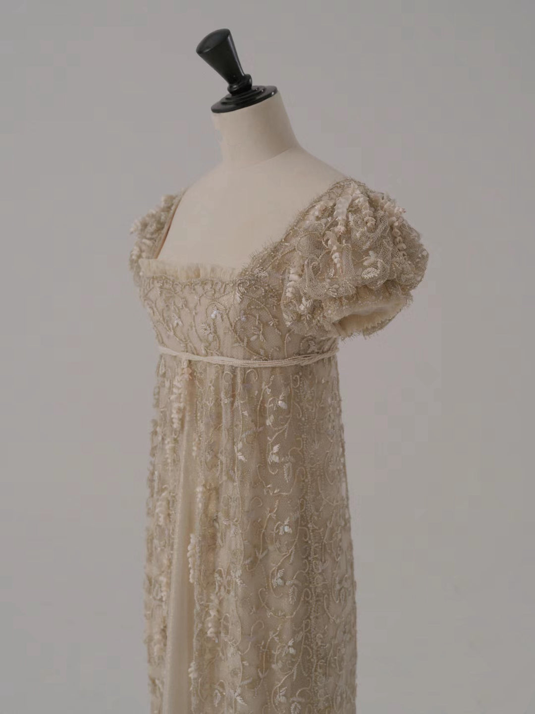 Champagne Regency Era Dress with Puff Sleeves and Elegant Train - Regency Dress with Lace Plus Size