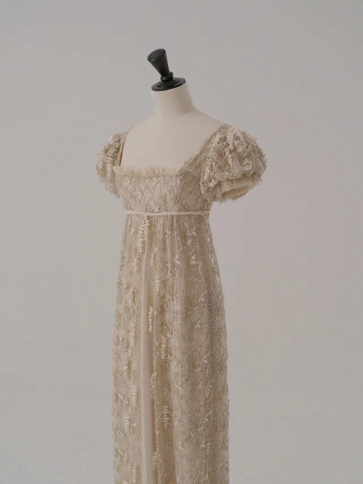 Champagne Regency Era Dress with Puff Sleeves and Elegant Train - Regency Dress with Lace Plus Size