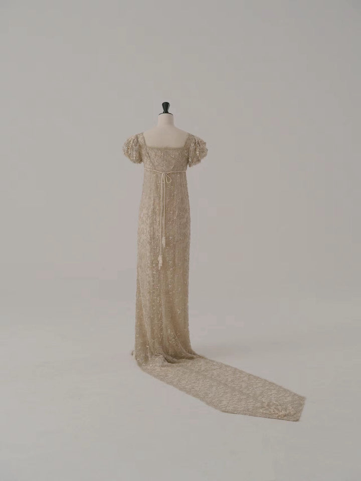 Champagne Regency Era Dress with Puff Sleeves and Elegant Train - Regency Dress with Lace Plus Size