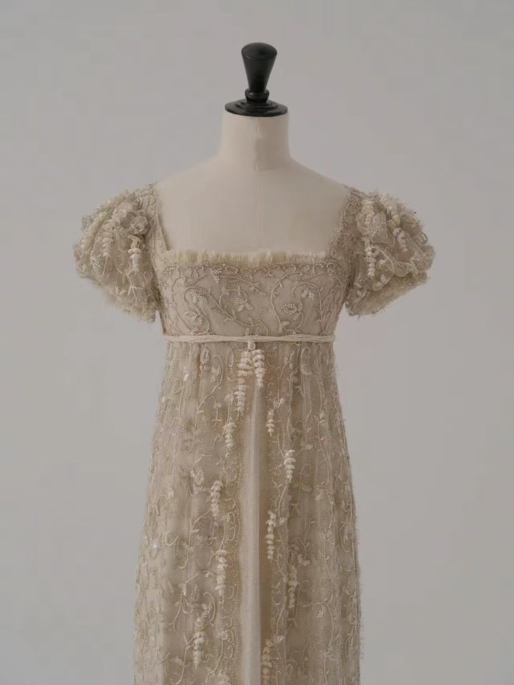 Champagne Regency Era Dress with Puff Sleeves and Elegant Train - Regency Dress with Lace Plus Size