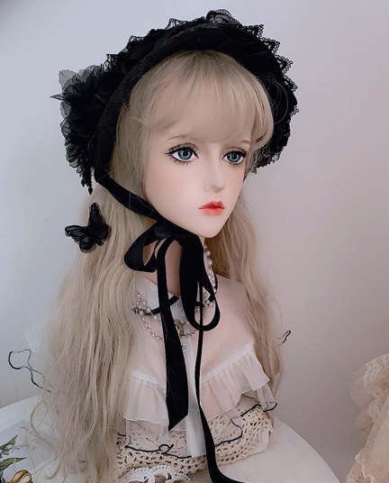 Gothic Black Hat with Dramatic Floral - Lolita Hat with Lace Embellished Cap