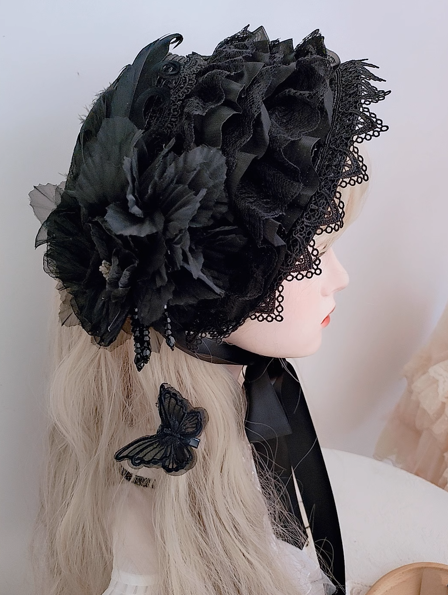 Gothic Black Hat with Dramatic Floral - Lolita Hat with Lace Embellished Cap