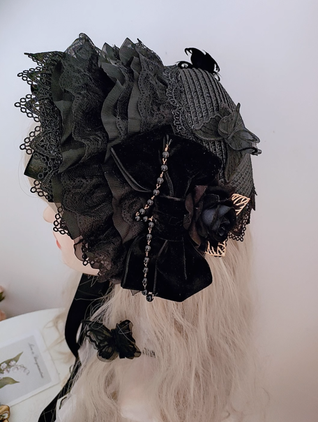 Gothic Black Hat with Dramatic Floral - Lolita Hat with Lace Embellished Cap