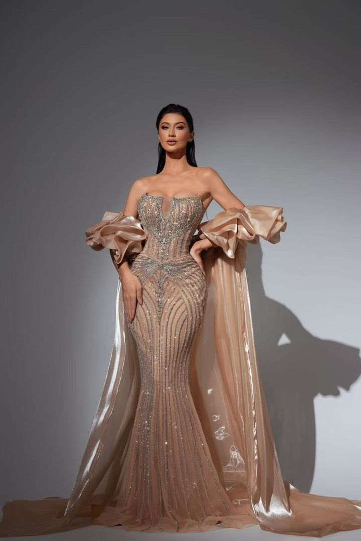 Champagne Glitter Maxi Dress with Dramatic Satin Sleeves – Strapless Sequin Evening Gown Plus Size