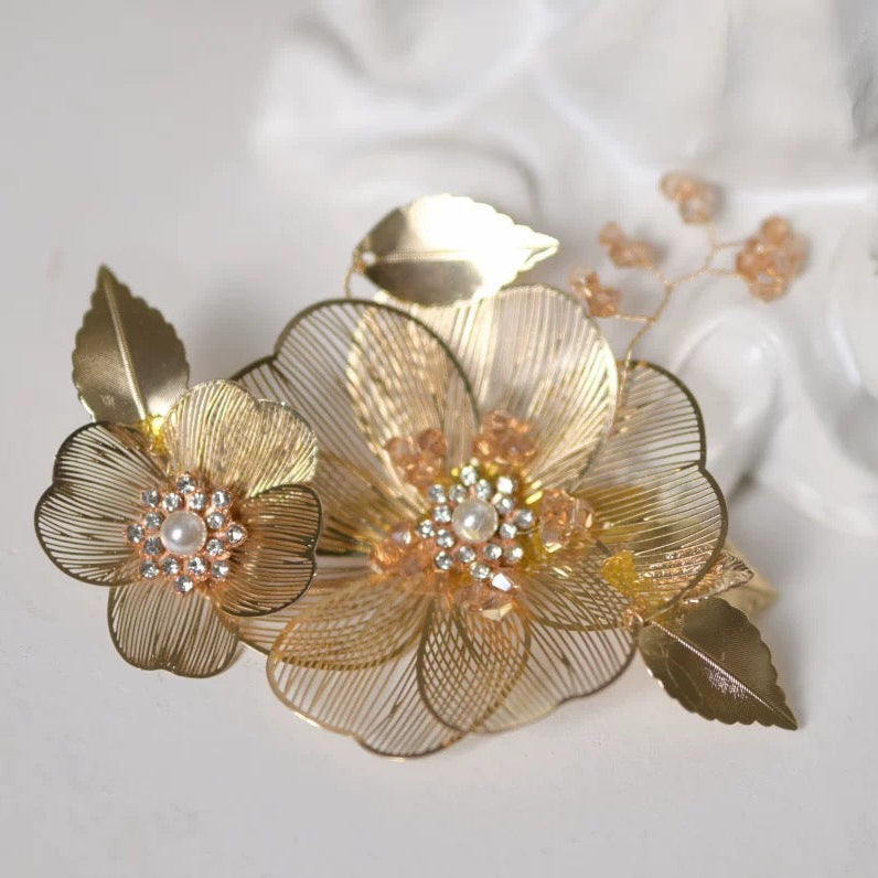Bridgerton-Inspired Handmade Regency Era Gold Floral Headpieces with Pearls - Golden Hair Accessory