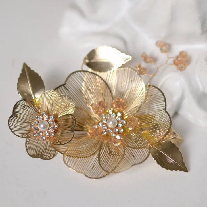 Bridgerton-Inspired Handmade Regency Era Gold Floral Headpieces with Pearls - Golden Hair Accessory