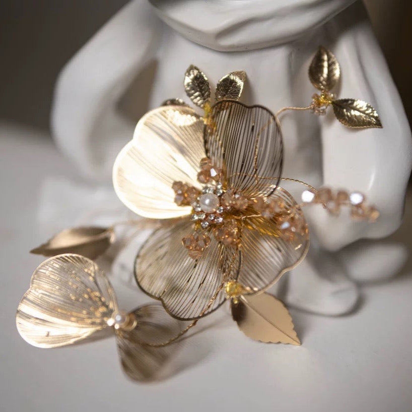 Bridgerton-Inspired Handmade Regency Era Gold Floral Headpieces with Pearls - Golden Hair Accessory