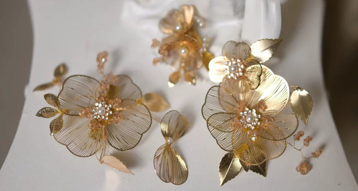 Bridgerton-Inspired Handmade Regency Era Gold Floral Headpieces with Pearls - Golden Hair Accessory