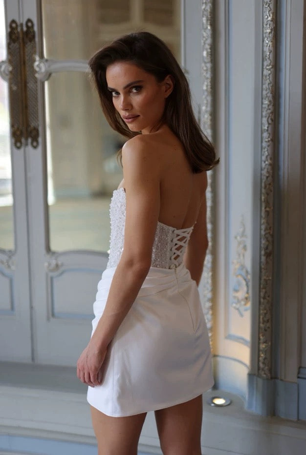 White Strapless Short Wedding Party Dress with Beaded Bodice – Short and Simple Wedding Dress with Lace Corset Plus Size