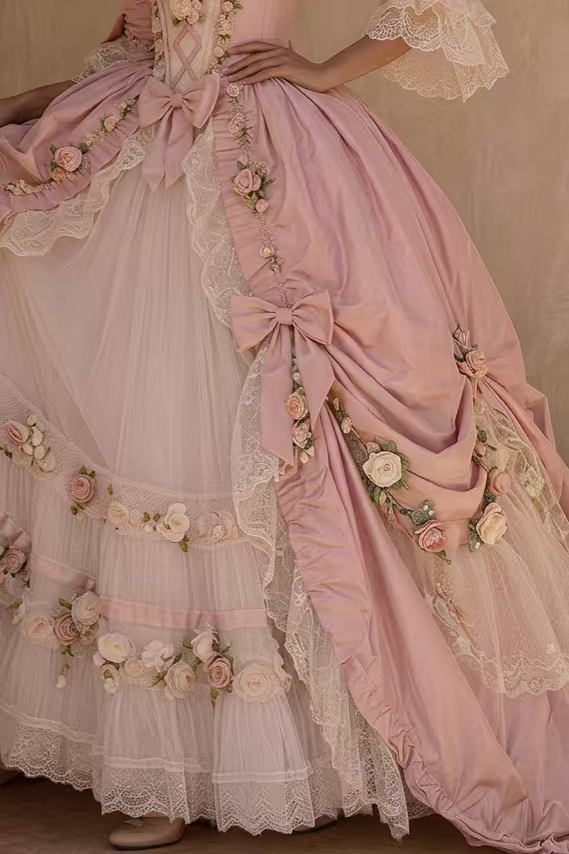 Rococo Pink Satin Ball Gown with Ivory Lace, Floral Embellishments and Ruffled Tulle Skirt Plus Size