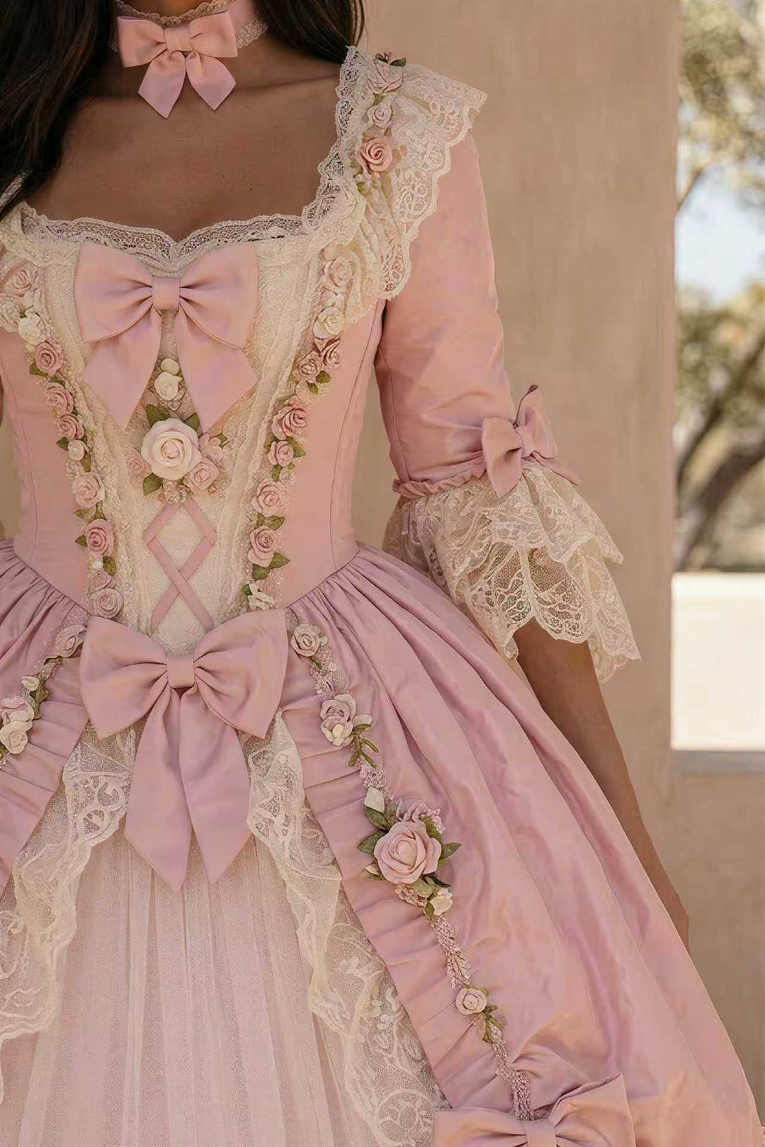 Rococo Pink Satin Ball Gown with Ivory Lace, Floral Embellishments and Ruffled Tulle Skirt Plus Size